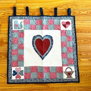 Handmade Quilted Wall Hanging Blues,Pinks, Burgundy etc Hearts,Cat,4 leaf Clover